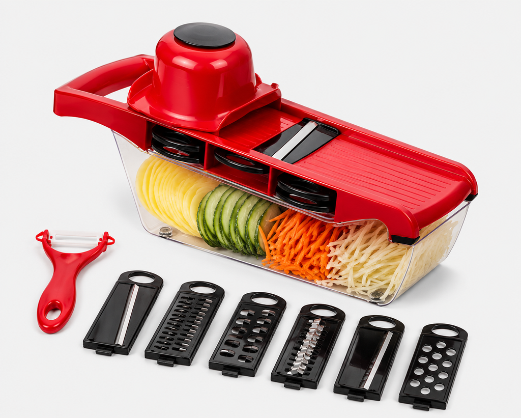 10-in-1 Mandoline Slicer & Vegetable Cutter — Stainless Steel Blades with Peeler, Grater & Storage Container