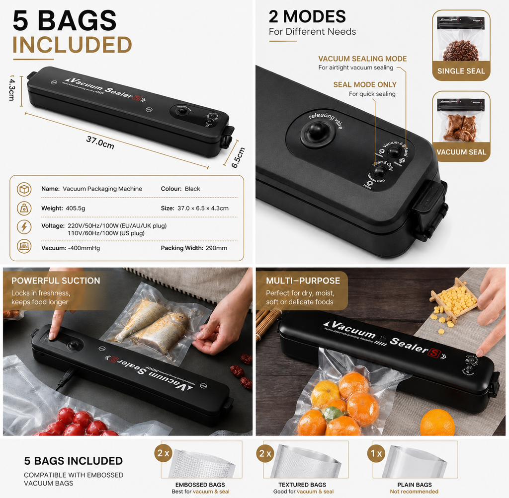 Automatic Vacuum Food Sealer Machine — Dual Sealing Modes, 5 Bags Included, Keeps Food Fresh Longer