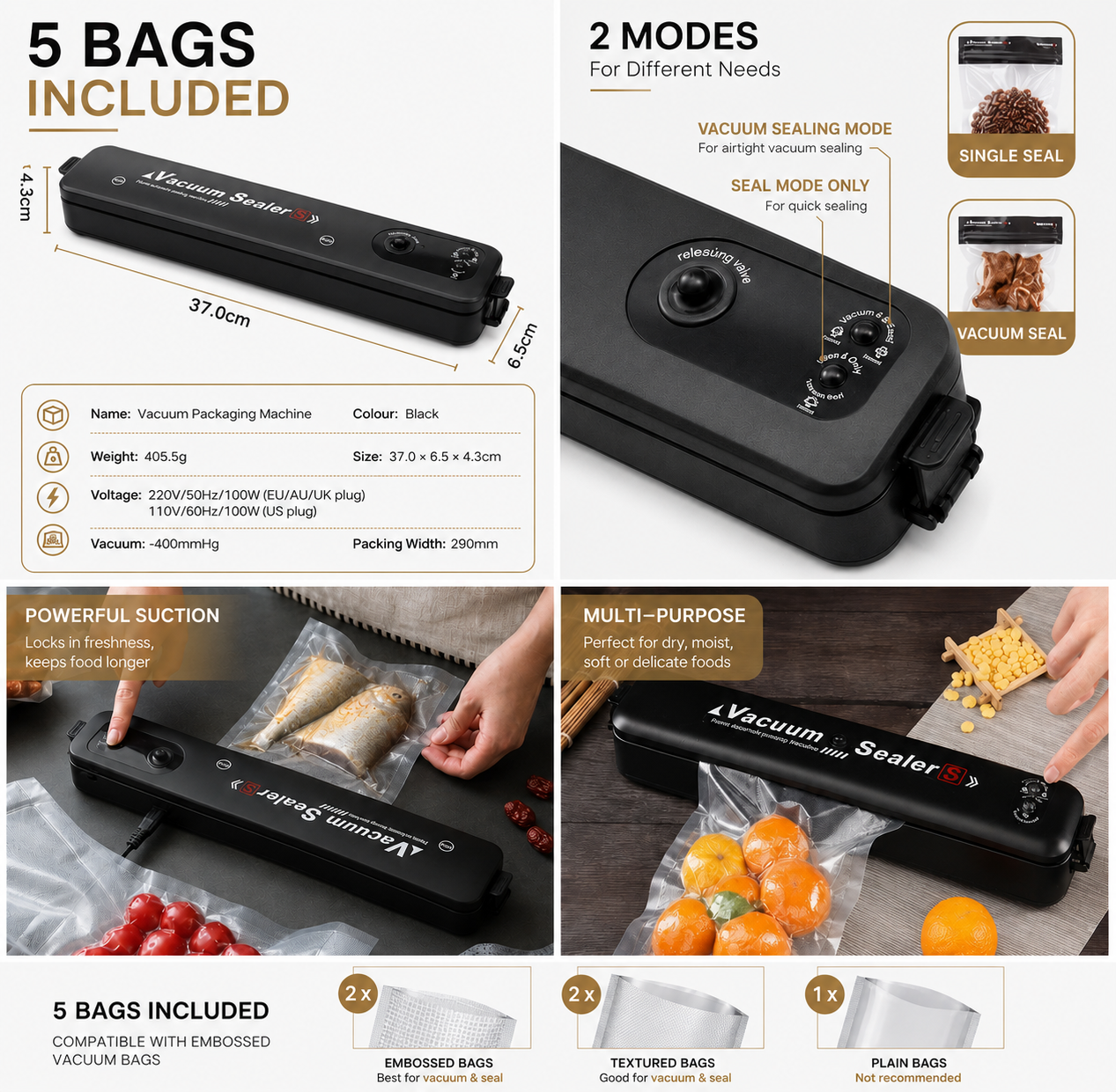 Automatic Vacuum Food Sealer Machine — Dual Sealing Modes, 5 Bags Included, Keeps Food Fresh Longer