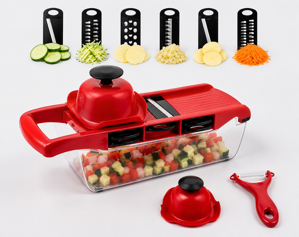 10-in-1 Mandoline Slicer & Vegetable Cutter — Stainless Steel Blades with Peeler, Grater & Storage Container