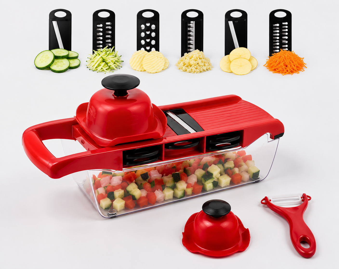10-in-1 Mandoline Slicer & Vegetable Cutter — Stainless Steel Blades with Peeler, Grater & Storage Container