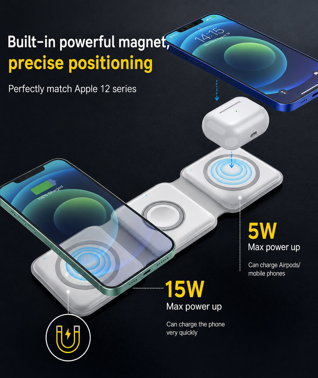 3-in-1 Foldable Magnetic Wireless Charging Station — 15W Fast Charging for Phone, Watch & Earbuds