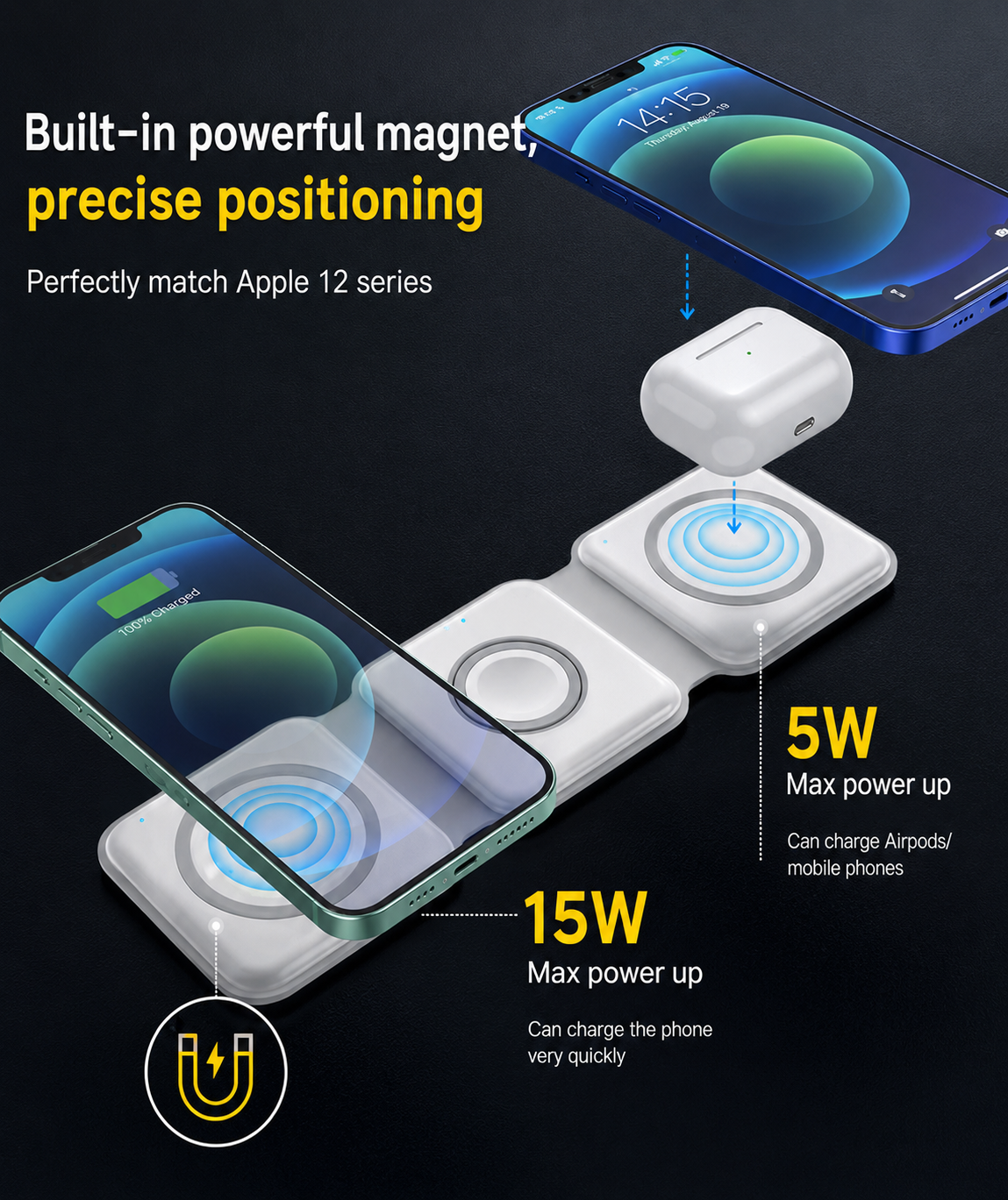 3-in-1 Foldable Magnetic Wireless Charging Station — 15W Fast Charging for Phone, Watch & Earbuds
