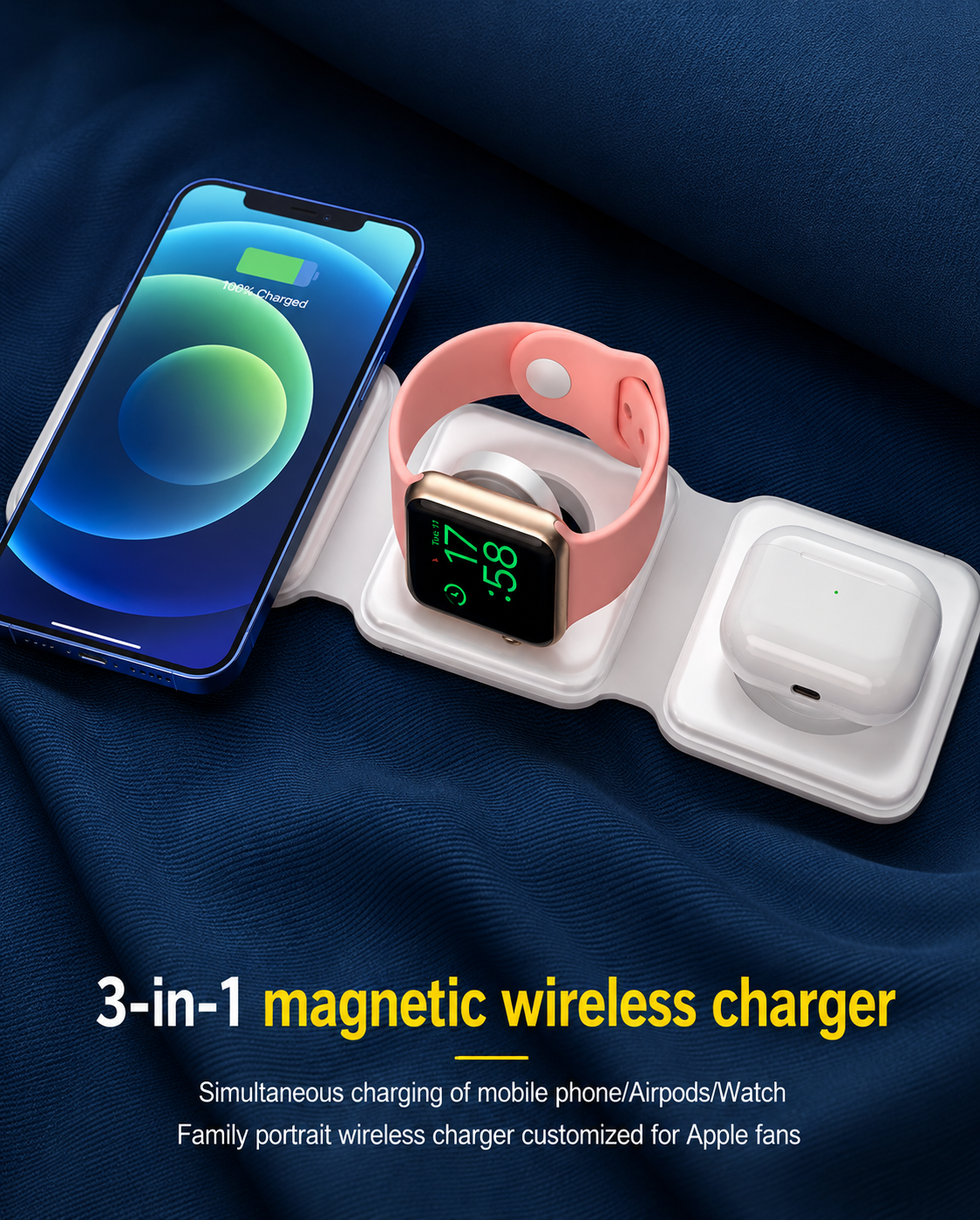 3-in-1 Foldable Magnetic Wireless Charging Station — 15W Fast Charging for Phone, Watch & Earbuds