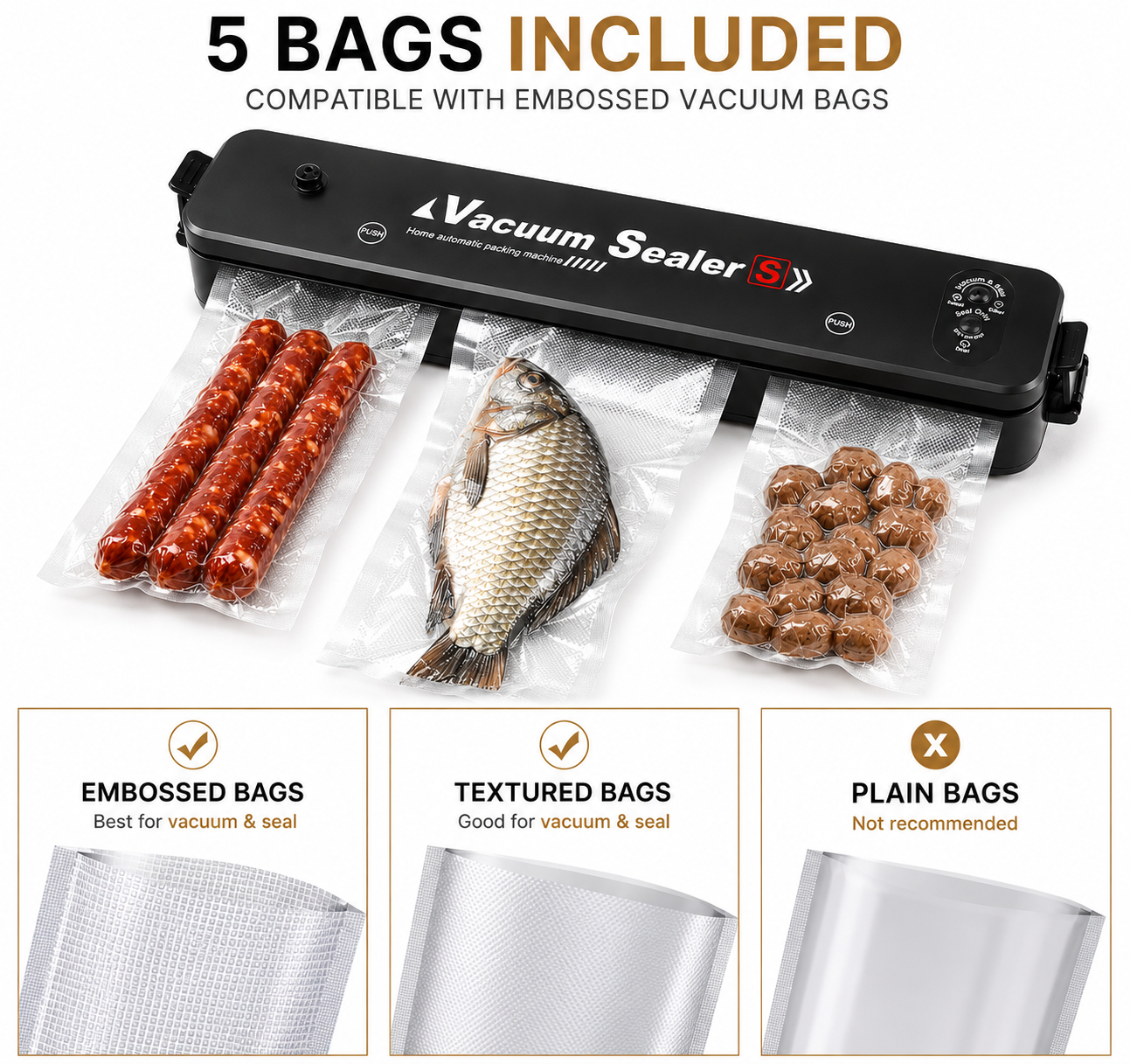 Automatic Vacuum Food Sealer Machine — Dual Sealing Modes, 5 Bags Included, Keeps Food Fresh Longer