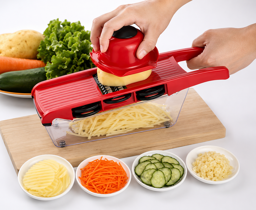 10-in-1 Mandoline Slicer & Vegetable Cutter — Stainless Steel Blades with Peeler, Grater & Storage Container