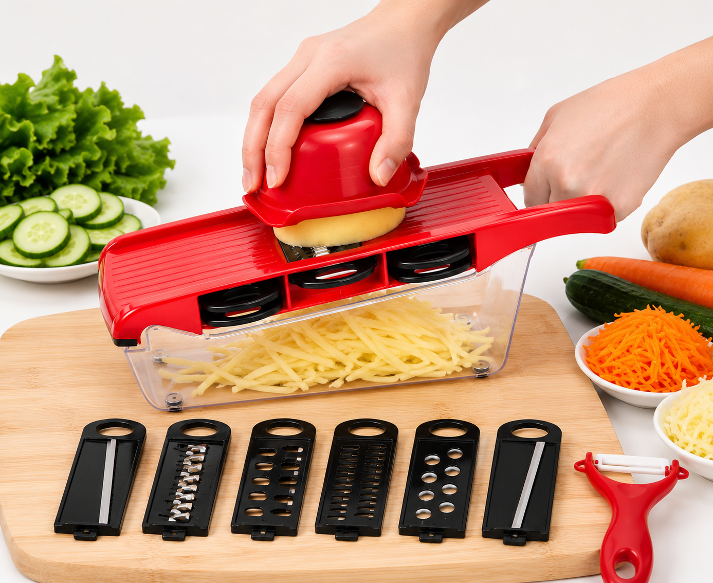 10-in-1 Mandoline Slicer & Vegetable Cutter — Stainless Steel Blades with Peeler, Grater & Storage Container